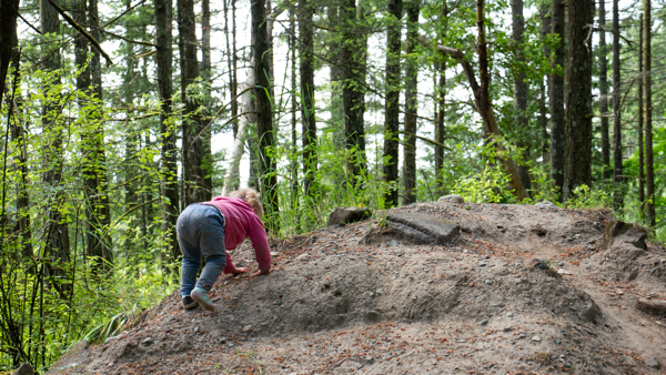 young toddler climbing a mound of dirt in the forest