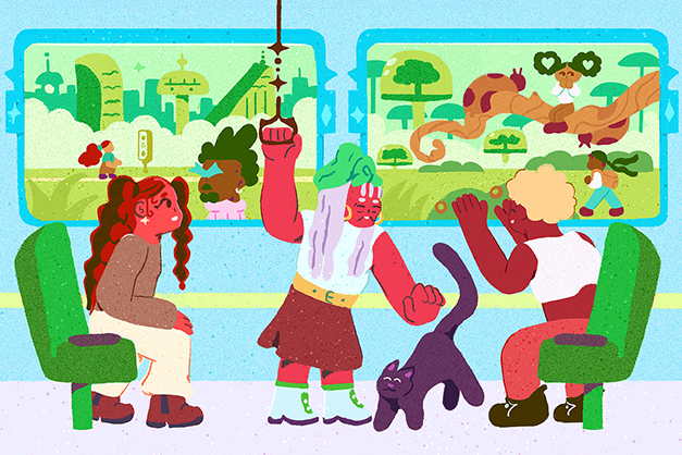 Three happy Black people and a cat on a transport vehicle looking out of windows at appealing futuristic cityscape with people.