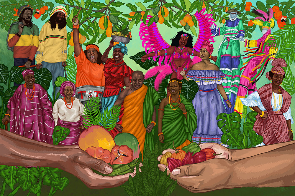 Interactive image with clickable hotspots featuring Two hands holding fruits and peppers, and 13 Black figures dressed to represent different countries