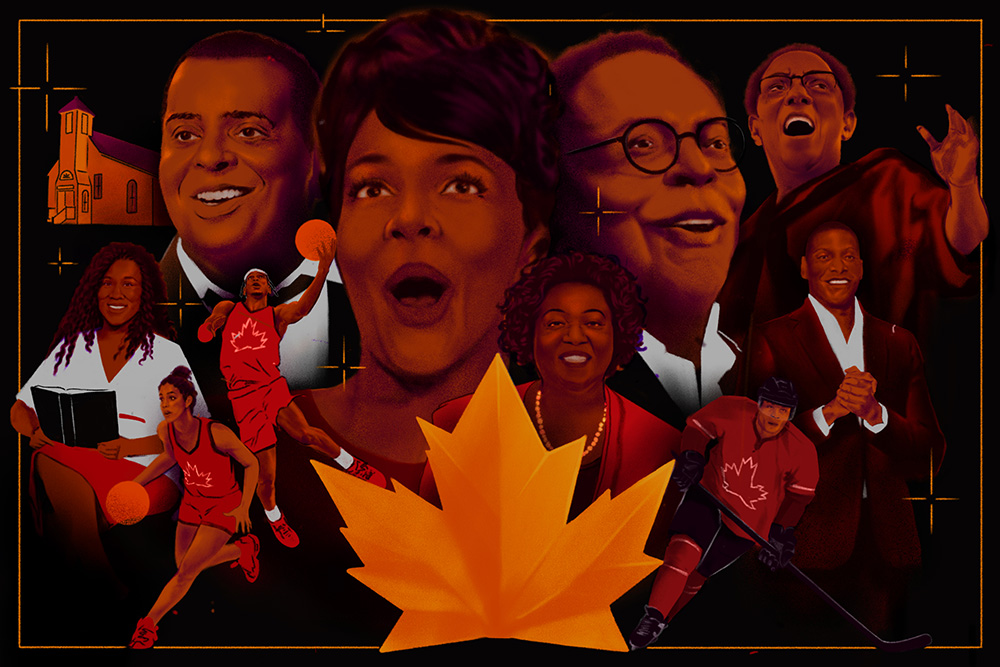 Interactive image with clickable hotspots featuring Collage featuring portraits of ten Black Canadians along with a church and maple leaf.