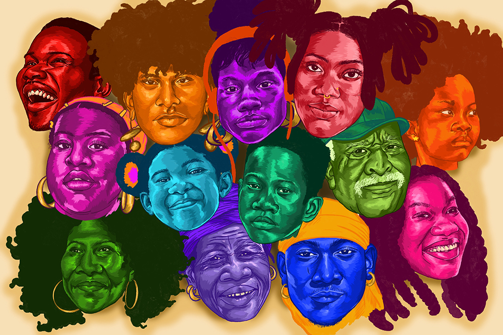 13 faces of Black people of various ages rendered in different colours