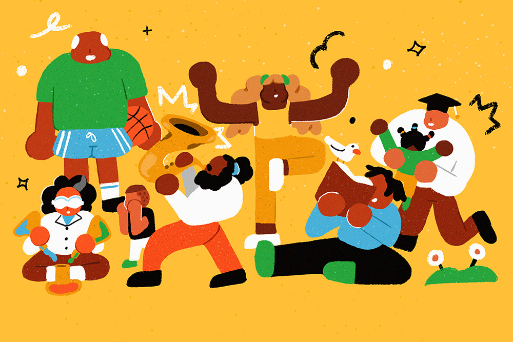 Interactive image with clickable hotspots featuring eight Black figures engaged in a variety of activities depicting joy