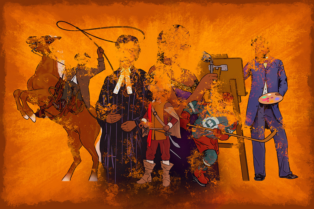 Interactive image with clickable hotspots featuring six people, faces obscured, representing different professions: cowboy, lawyer, singer, explorer, hockey player, and painter.