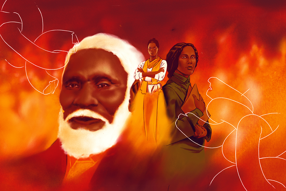 Interactive image with clickable hotspots featuring Josiah Henson, Marie-Joseph Angélique, and Mary Ann Shadd Cary over an image of a broken chain.