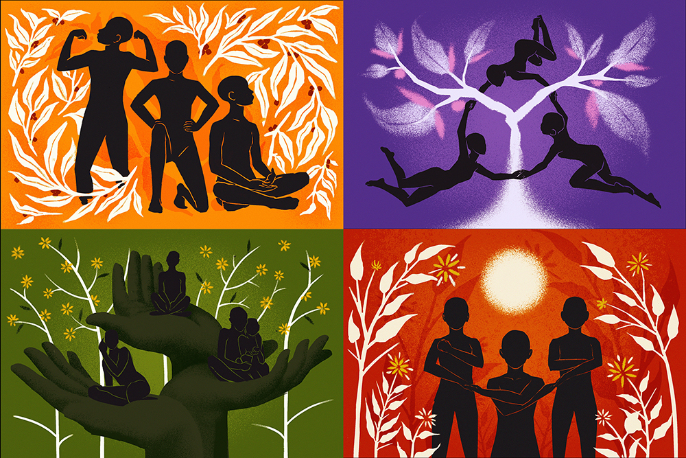 Interactive image with clickable hotspots featuring Four images showing solidarity, coexistence, compassion, and respect and dignity.